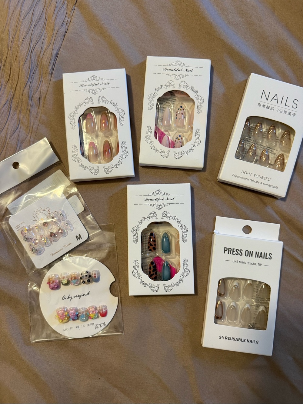 Press On Nails Set - Assorted Pink, Teal, Nude & Gold Designs
